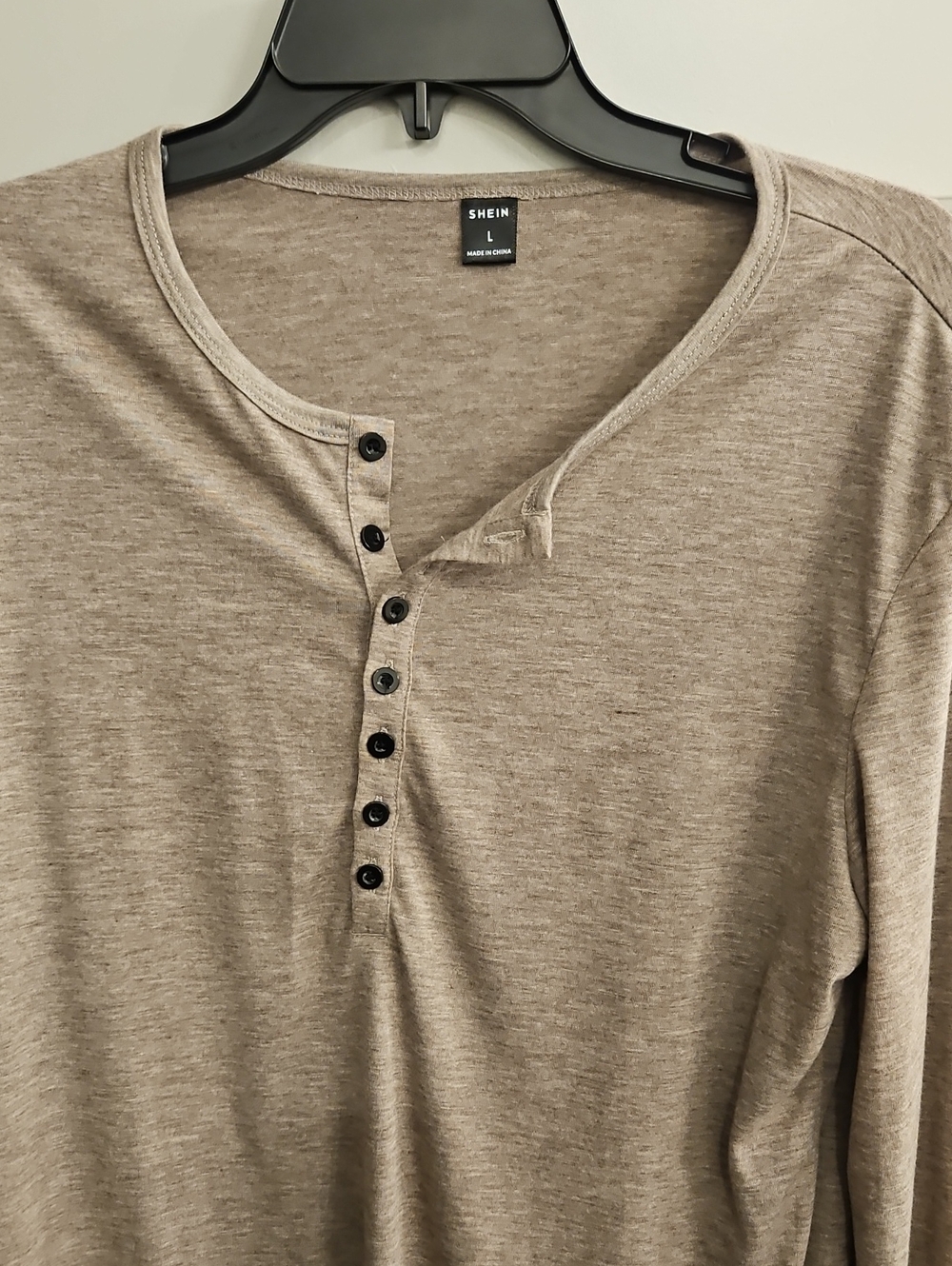 SHEIN Men's Taupe Button-Front Henley Long Sleeve Shirt
